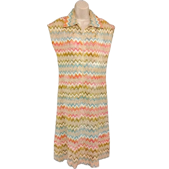 Vintage 70's Henry Lee Short Sleeve Knit Chevron Midi Crocheted Zip Up Dress 6-8 - Picture 1 of 6